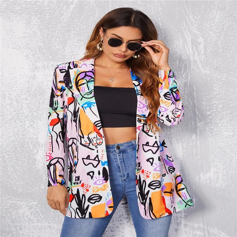 Vintage Letter Nepravidelný potisk Blazer Dámská bunda High Street Fashion Plus Size Elegantní Lady Coat Americký stylový