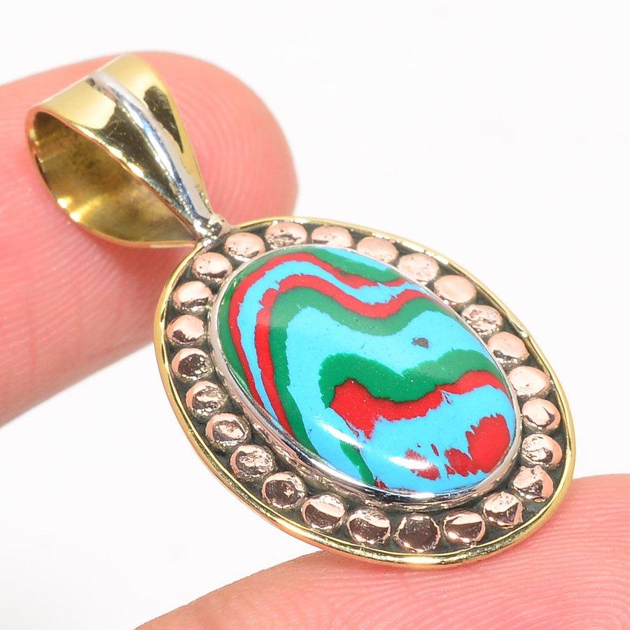 Natural Rainbow Calsilica Two Tone 925 Solid Sterling Silver Pendant 1.50" I2K21