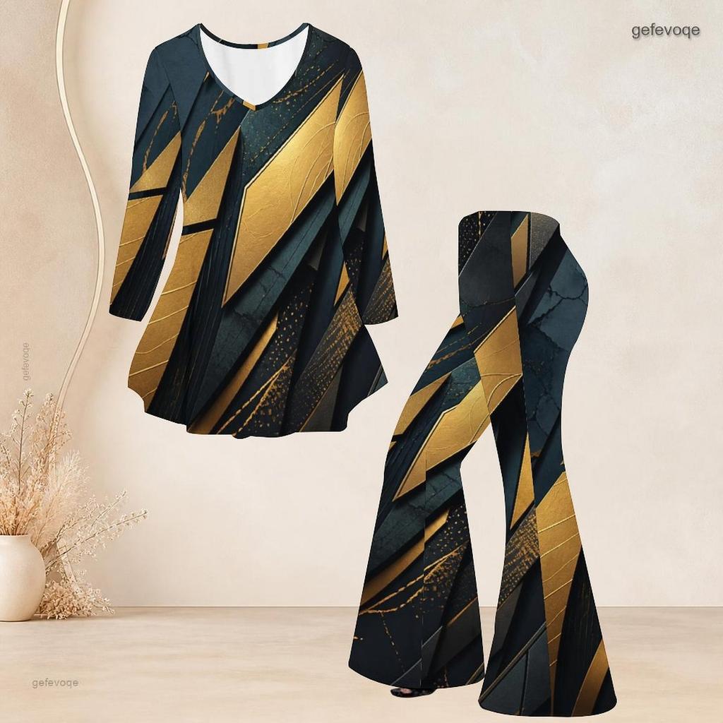 Damen Plus Size Zweiteiler V-Ausschnitt Langarm Bedrucktes Ausgestelltes Oberteil Ausgestellte Hose Schwarz Blau