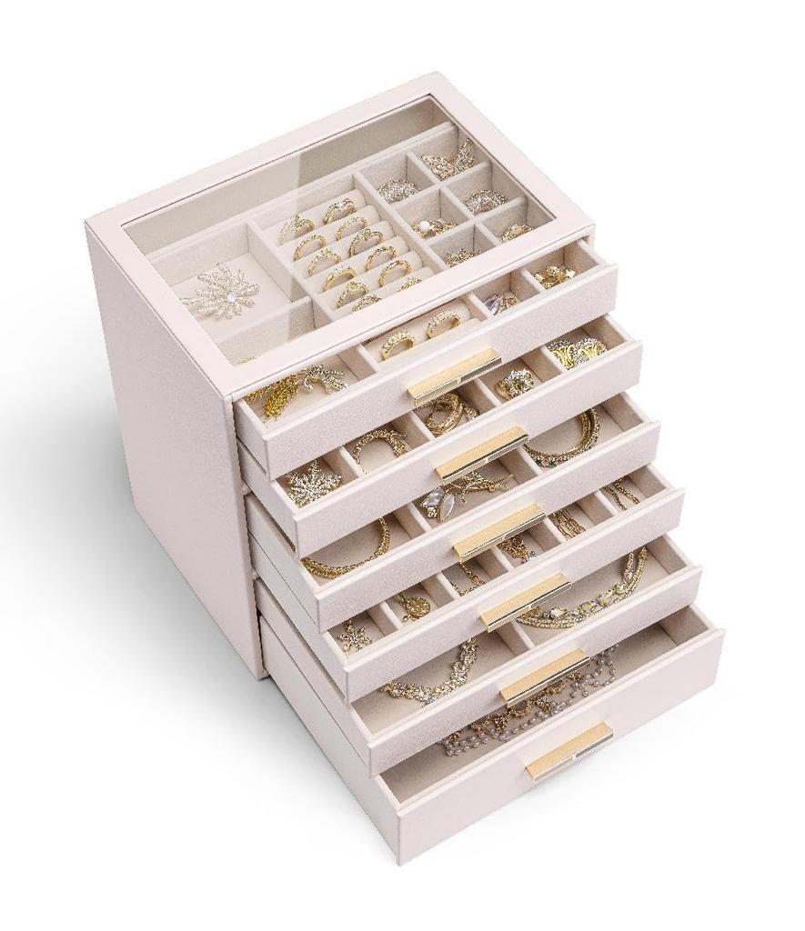 Vlando Schmuckschatulle mit Glasdeckel, Schmuckschatulle, Organizer für Halsketten, Ringe, Ohrringe, Armbänder, Zubehör, Aufbewahrung mit 6 Schubladen, Damen (Rosa)