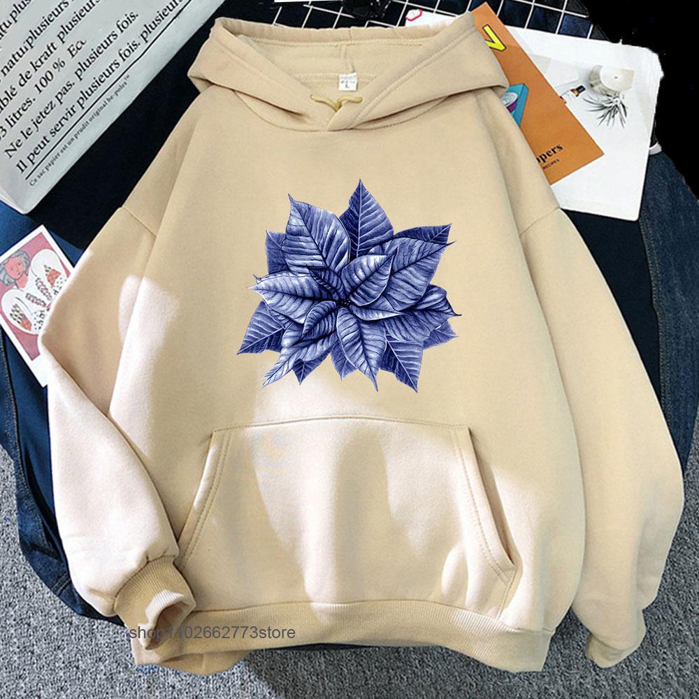Blue and White Christmas Hoodie Chinoiserie Leaf Print Sweatshirt Aesthetic Men Clothes Kpop Streetwear Women Clothing