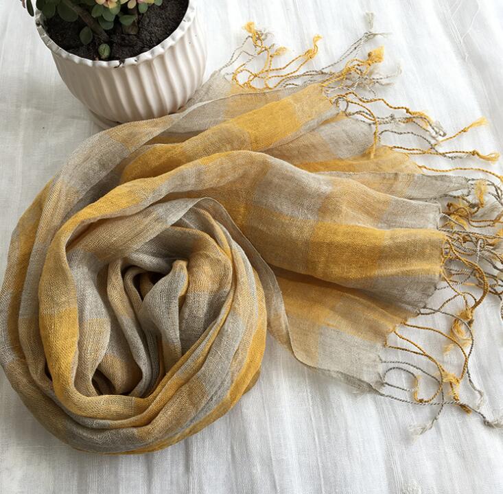 100% Linen Plaid Contrast Tassels Linen Men/Women Yellow Scarves Woman Spring Scarf Pashmina Shawls Wraps Head Scarf Bandanas