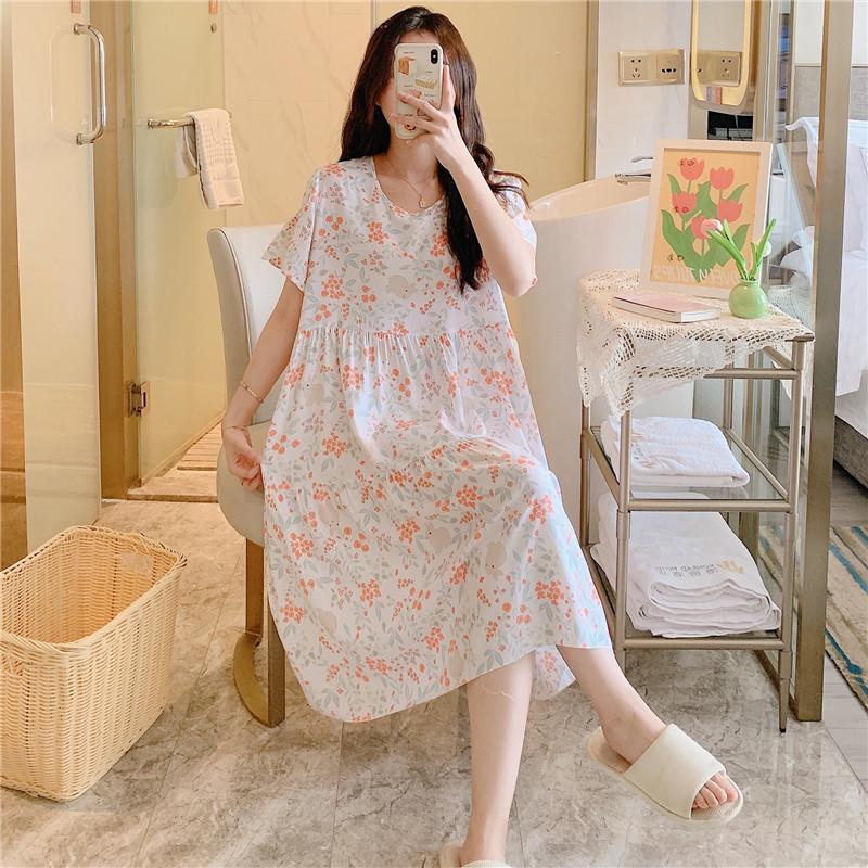 Cotton and silk nightgown women's spring and autumn casual short-sleeved large-size printed pajamas summer thin high-end cotton loungewear