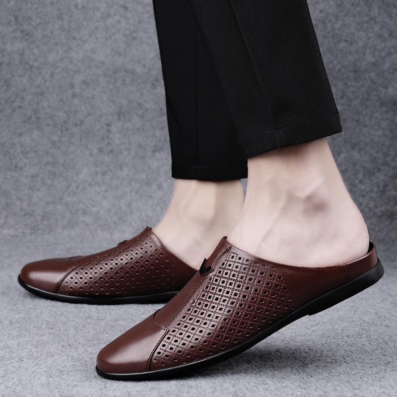New Comfy Leathe Muller Shoes Classic Breathable Mens Half Slippers Loafers Business Male Lazy Flats Soft Handmade Casual Shoes