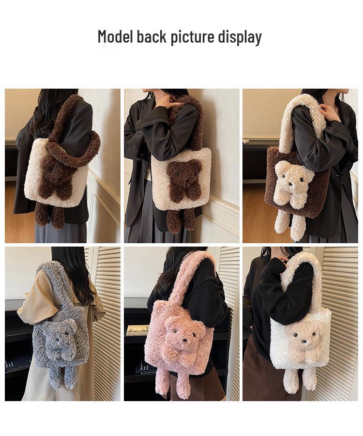 Damvinterhandväska i plysch med nallebjörnstema: Mångsidig Axelväska med Stor Kapacitet