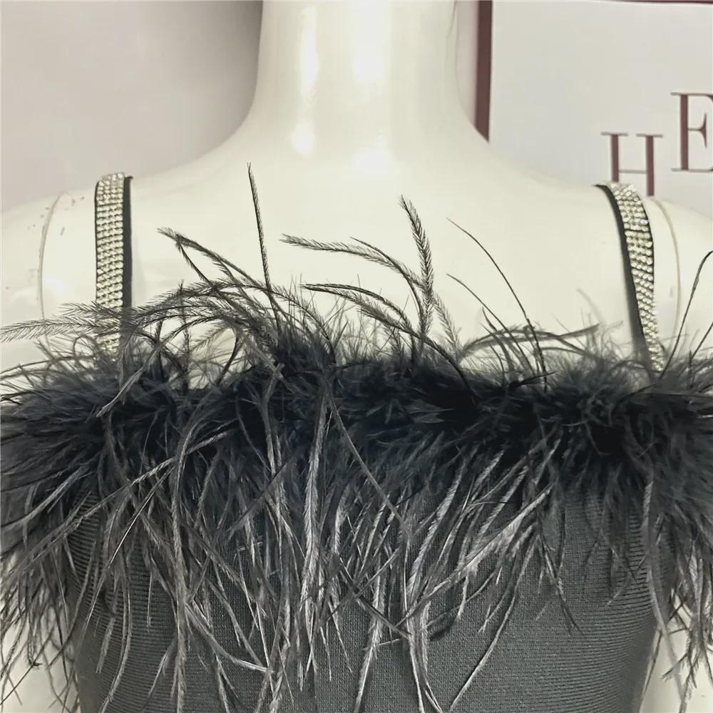 "European & American Women's Sexy Celebrity Feather Slit Bandage Midi Dress with Diamonds"