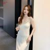 New lace suspender nightdress women's summer V-neck medium and long pure lust loungewear can be worn outside ice silk satin