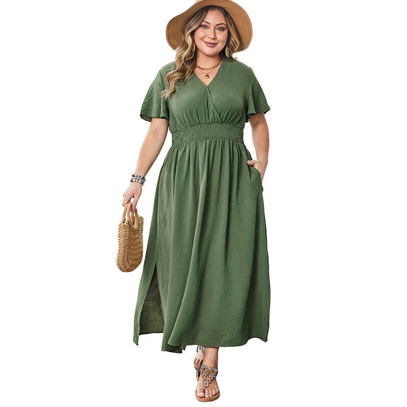 

European & American Style V-Neck Plus Size High-Waisted Pleated Long Dress with Side Slit for Women - Summer 2025 Collection. Size XXXXL