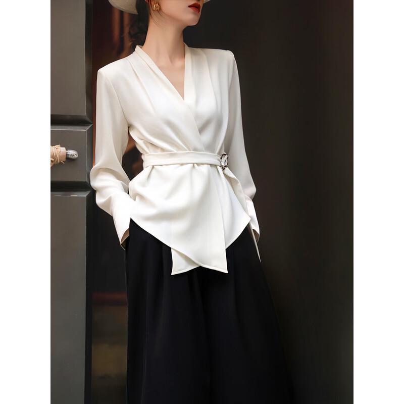 Women's V-neck Long Sleeve Tie-Waist Commuter Shirt