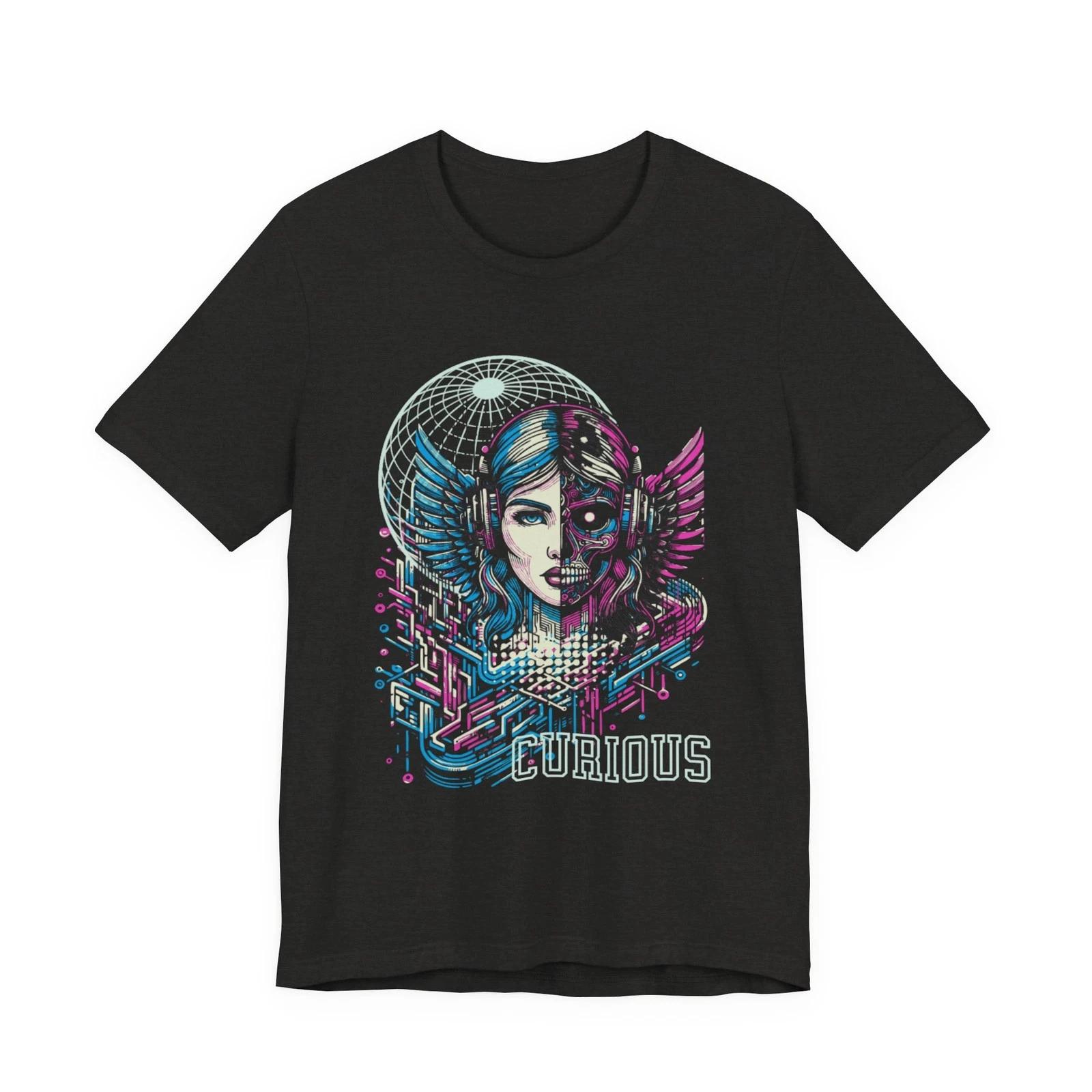 Curious Cyberpunk Portrait Tee - Retro Neon Futuristic Unisex Graphic T-Shirt 4XL
