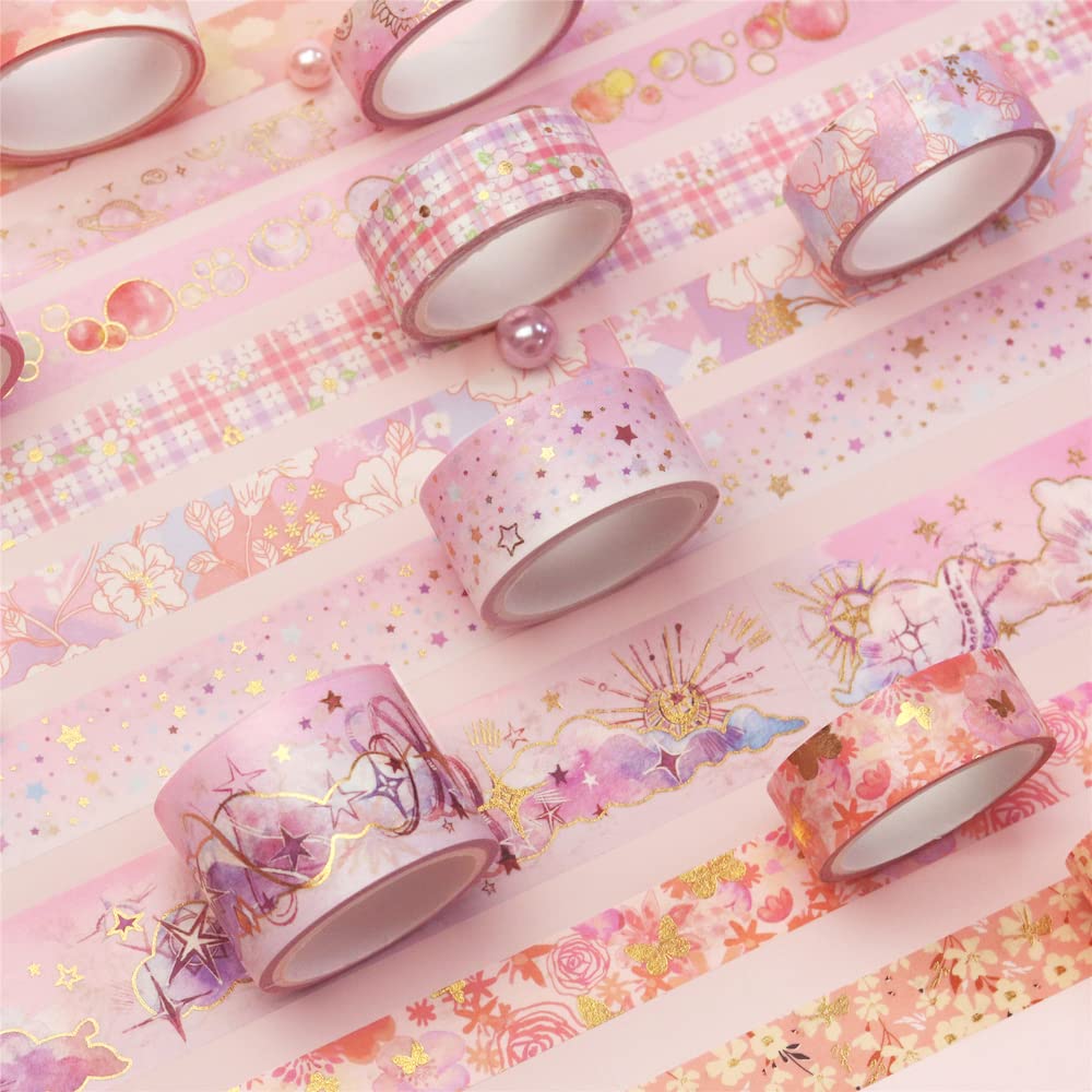 YUBBAEX Masking Tape Mysterious Foil Super Cute Perfect for Gift DIY and Notebook Decoration 9-Volume - Space, Wide, Silver/Gold Stamped, Style, Thin,