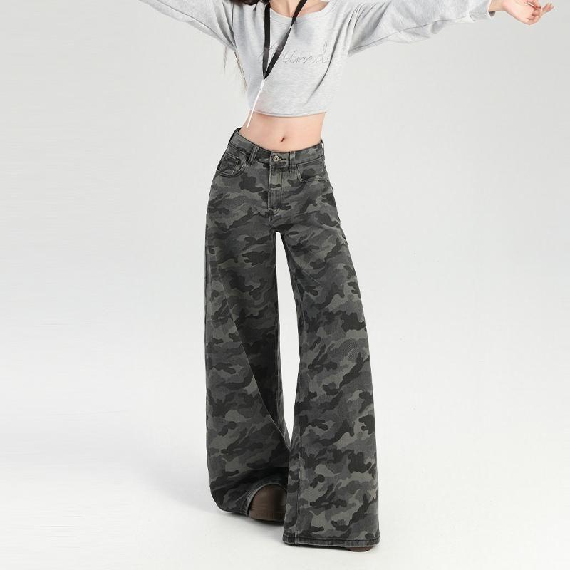 

American High Street Parka Camouflage Denim Women s Small Retro Loose Loose Pants Students Slimming Straight-leg Pants Fan Color pants 155-165 XL