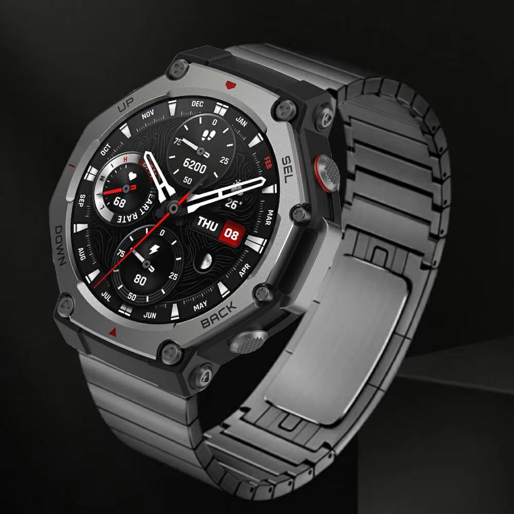 For Huami Amazfit T-Rex Pro A1918 Watch Band 1-Bead Stainless Steel Wrist Band