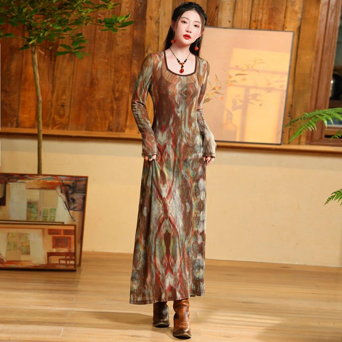 

Johnature женское весеннее повседневное платье трапециевидной формы с длинными рукавами и абстрактным принтом в винтажном стиле L кофейный