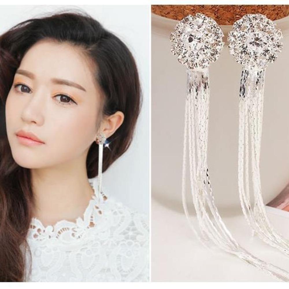 1Pair of Long Fringed Earrings, Korean Version of Fashion Temperament Exaggerated Diamond-set Round Earrings