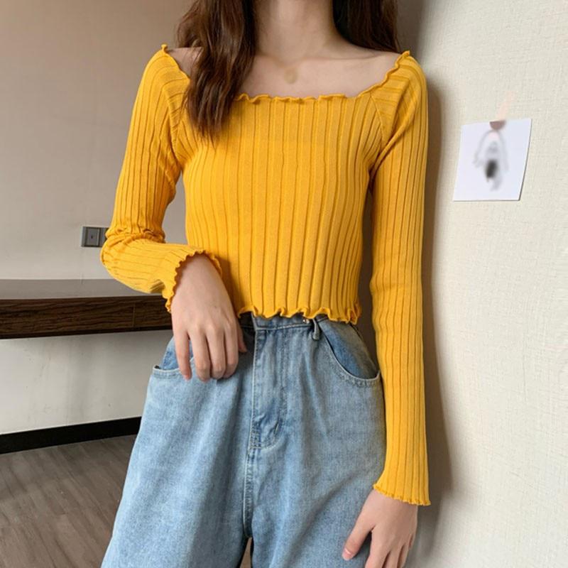 Women Full Sleeve Square Neck Sweater Knitted Basic Elasticity Pullovers Autumn Solid Jumpers
