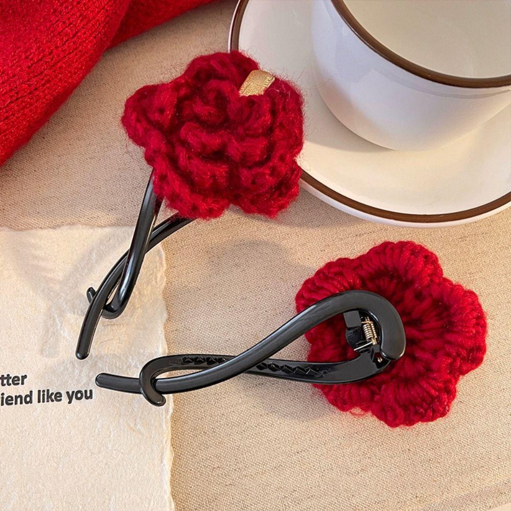 Knitted Wool Flower Hair Rope Wool Rubber Hair Tie Gift Rose Flower Hair Claw  Streetwear