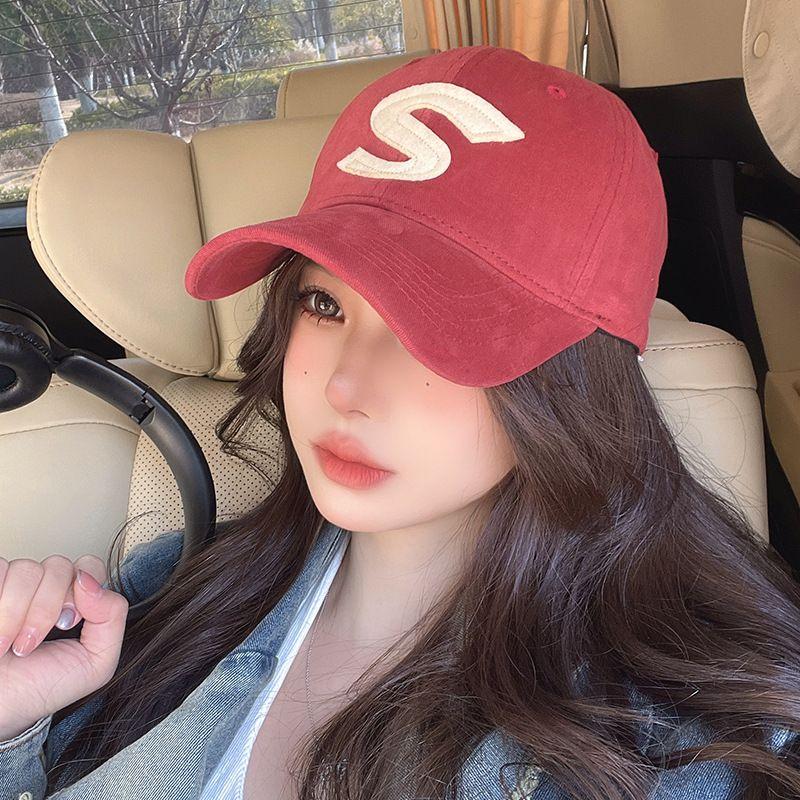 

Baseball Cap Wide Brim Big Face Show Face Little Korean Style Easiest for Match Embroider 2025 New Arrival Female Sun Protection Sun-Poof Peaked Cap Wine Red M(56-58cm)