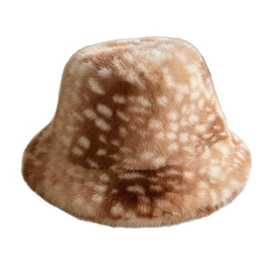 Soft Plush Winter Cap Women Spotted Deer Hat, Faux Fur Bucket Hat Scarf, Cozy Furry Fisherman for Girls, Autumn Accessory Fashionable
