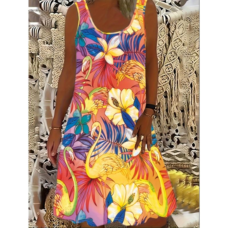 Large Women's Tropical Floral Flamingo Print Sleeveless Dress Suitable for All Seasons