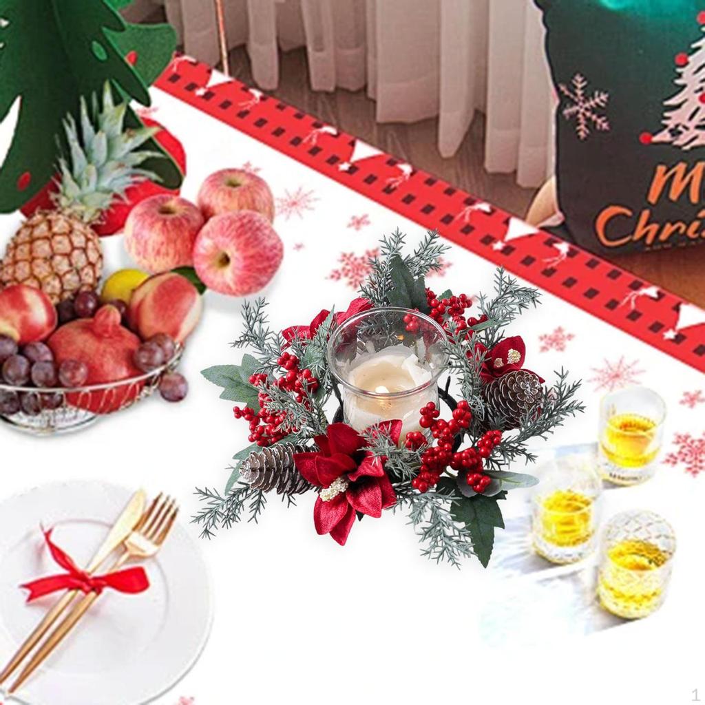 Christmas Candle Ring Wreath Holder for Farmhouse Home Holiday Red Flower