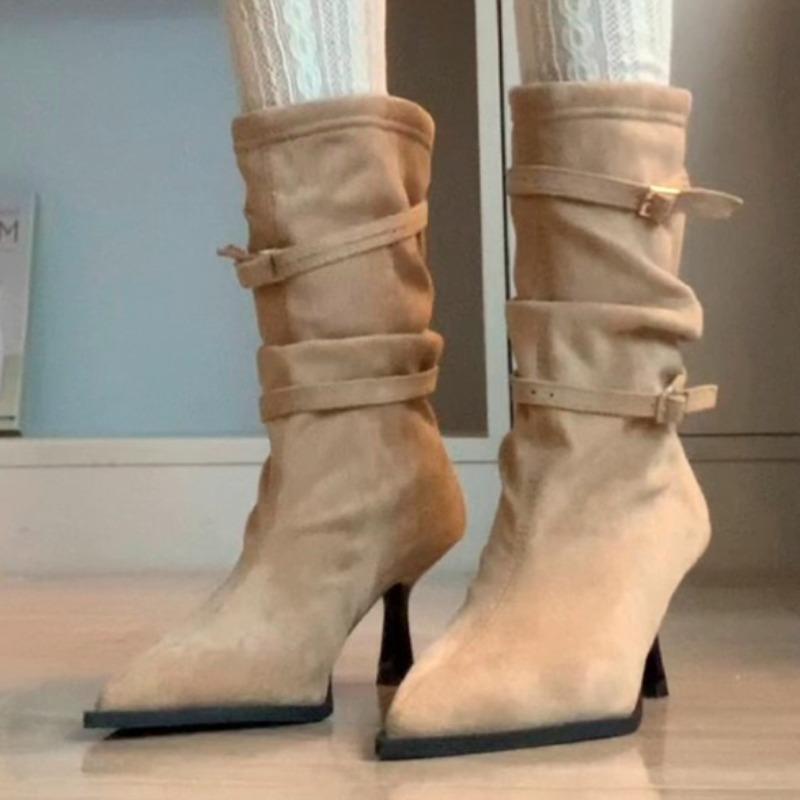 Women's Autumn New Sexy Pointed Designer High Boots  Daily Versatile Skirt with A Slip-on Buckle Mid-calf Boots Large Size