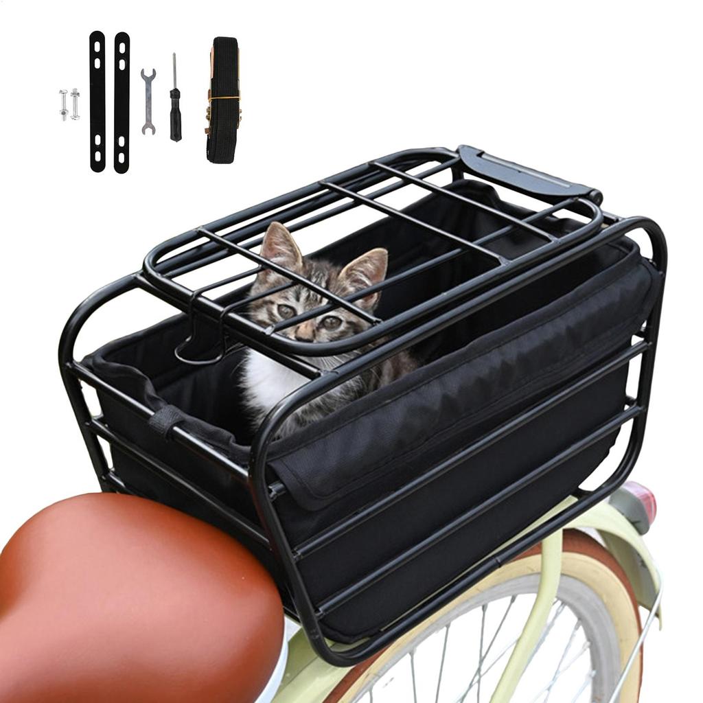 Bike Pet Carrier Cargo Basket Bicycle Pet Basket with Lockable Cover Mountain Bike Rear Seat Rack Bike Rear Organizer Basket