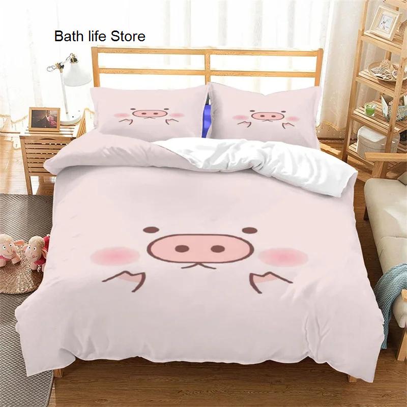Cartoon Lovely Pig Duvet Cover Set Kawaii Animal Bedding Set King Microfiber Farmhouse Wildlife Theme Comforter Cover Pillowcase