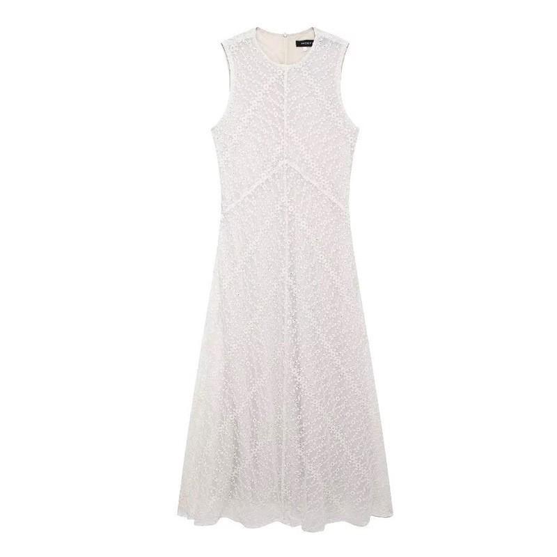 

European American Women s Clothing Summer French Fashion Embroidery Sleeveless Long Dress XS покинуть белый