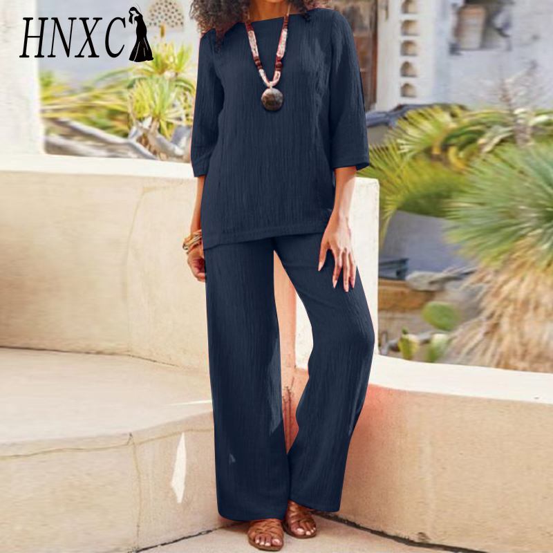 HNXC Big Size Women's Solid Colour Vintage Pants Suit Cotton Linen Casual Long Sleeve Loose Cotton Suit