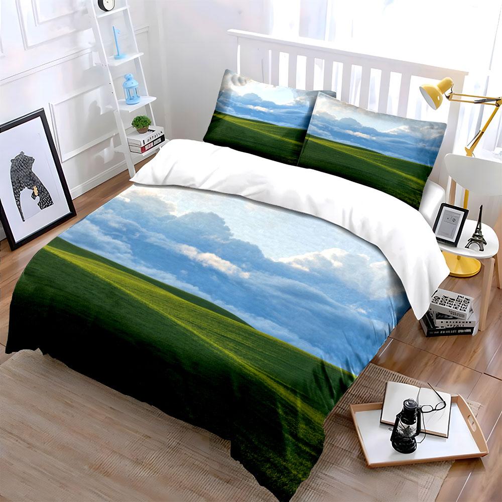 Green Hills With Blue Sky And Clouds Bedding Set For Kids Luxury Gift 3Pcs Digital Print Comforter Set Soft Comfortable