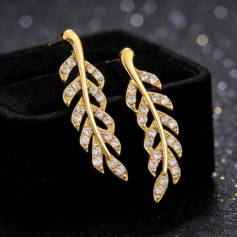 

Fashion Crystal Leaves Stud Earrings for Women Vintage Gold Color Wheat Shape Temperament Earrings Party Zircon Girls
