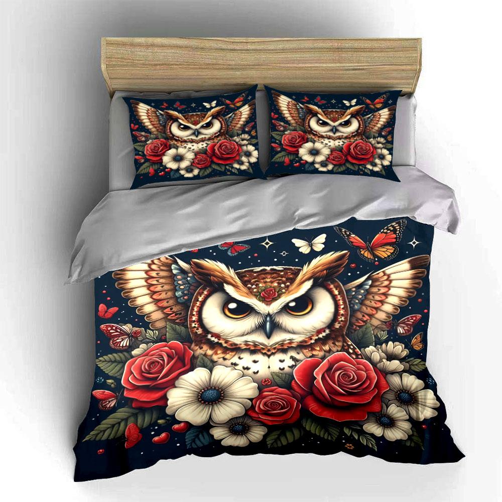 Owl Floral Art Decor Set Bedding Set with 1 Duvet Cover 2 Pillowcases Single Double King Queen, Gift