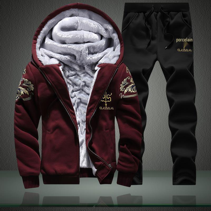 Men's Plus Size Winter Fleece-Lined Two-Piece Casual Sports Set - Youthful Korean Style