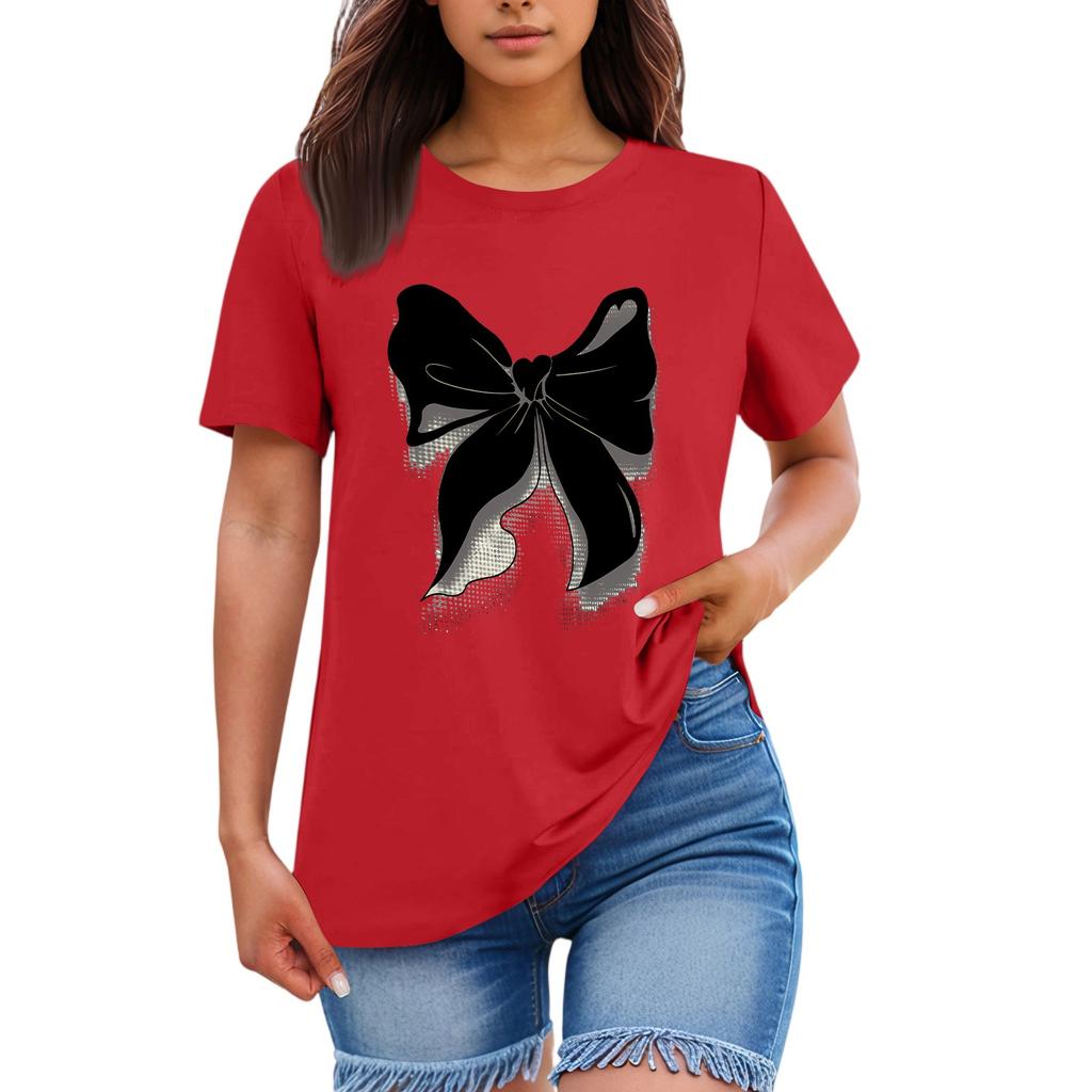 Ladies' Loose Comfortable Casual Fashionable  Bow Pattern Printed Round Neck Short Sleeved Shirt