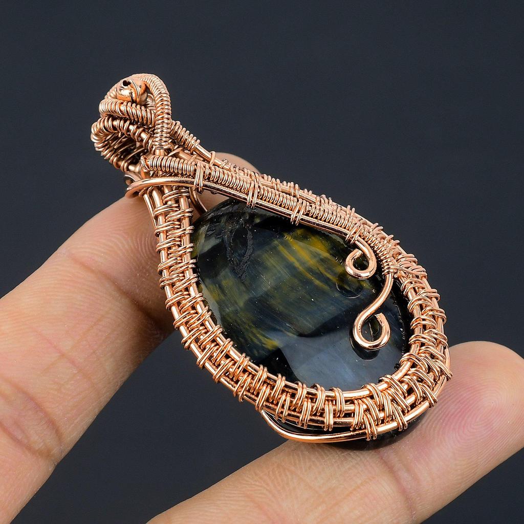 Blue Tiger Eye Pendant, 999 Copper Wire Wrapped Pendant Jewelry. Gift For Women Handmade Pendant Gemstone Jewelry