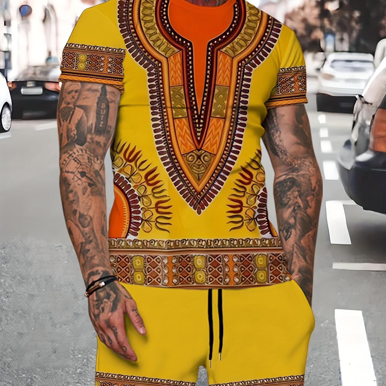 

Мужской комплект одежды с цифровым принтом в этническом стиле в стиле ретро, ​​состоящий из 2 предметов, мужская футболка с коротким рукавом и шорты на шнурке, летние каникулы 6XL