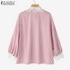 ZANZEA Women Casual Lace Patchwork Loose Long Sleeve Stripe Blouse