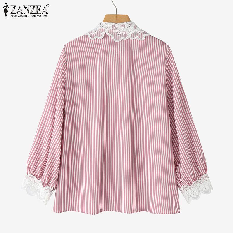 ZANZEA Women Casual Lace Patchwork Loose Long Sleeve Stripe Blouse