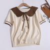 Korean Version Contrasting Doll Neck Knitted Base Shirt Women's Spring and Autumn Chic Bow Tie Short Top