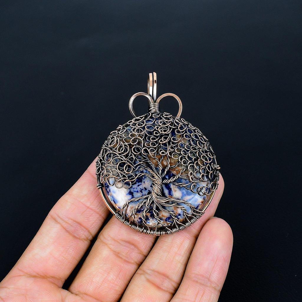 Sodalite Pendant, Handmade Gemstone 999 Copper Wire Wrap Tree Of Life Pendant Antique Jewelry, For Gift Copper Jewelry