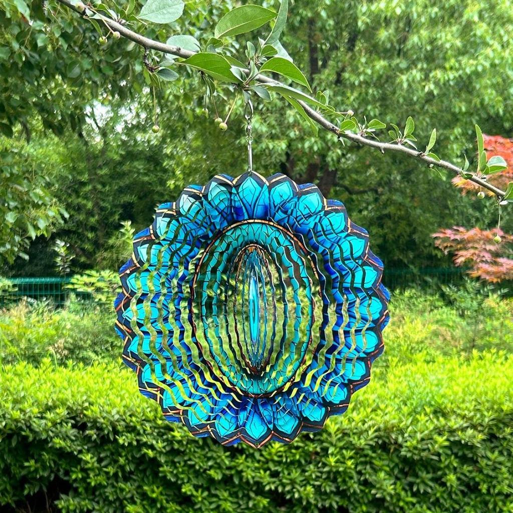 Kinetic Metal Evil Eye Wind Spinner - Intricate Blue & Turquoise Stained Glass Design - Versatile Indoor/Outdoor Art for Garden, Patio