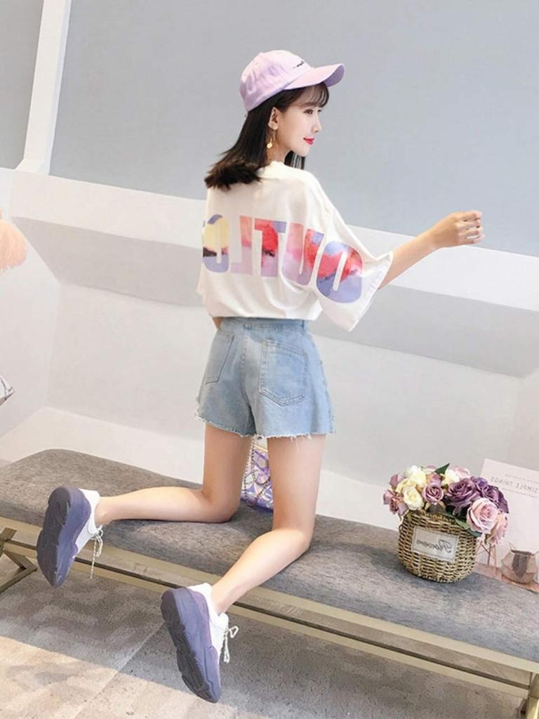 loose short back for long long cut and quick white [Bubu Ohana] T-shirt, fitting, casual, sleeves, print, women, spring, summer, autumn, winter,