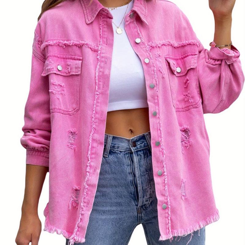 European-American Style Red Ripped Denim Long-Sleeve Jacket (2026)