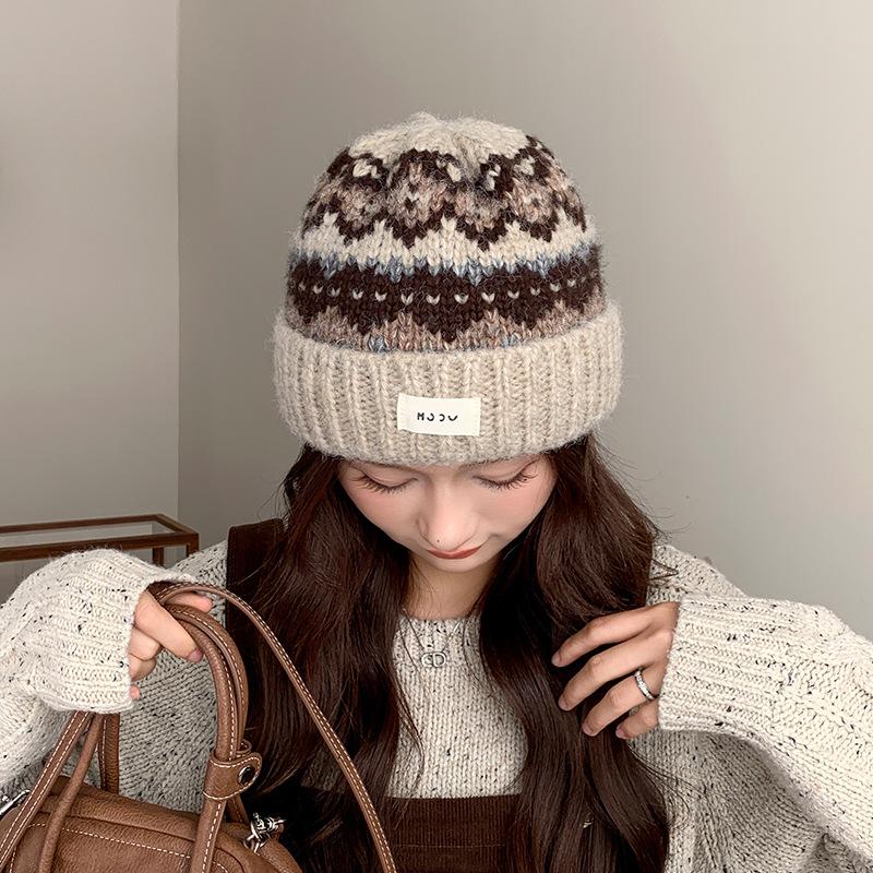 Vintage Fair Island Hat Women'S Windproof And Cold-Proof Wool Hat Warm Ear Protector Lei Feng Hat Show Face Small Knitted Hat