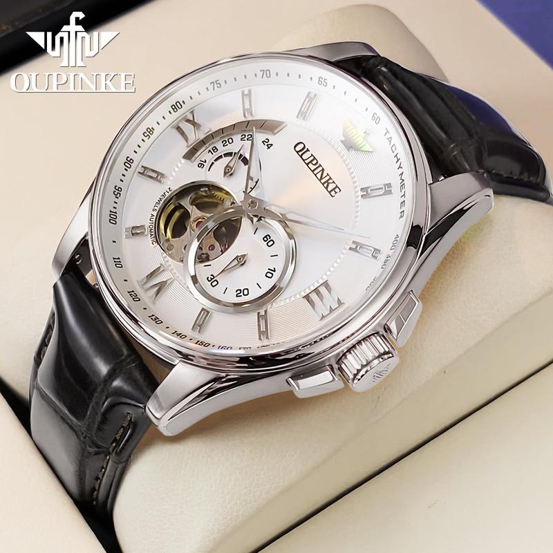 OUPINKE 3222 Original Luxury Men Watch Leather Strap 3D Hollow Chronograph Sapphire Top Brand All Automatic Men Mechanical Watch