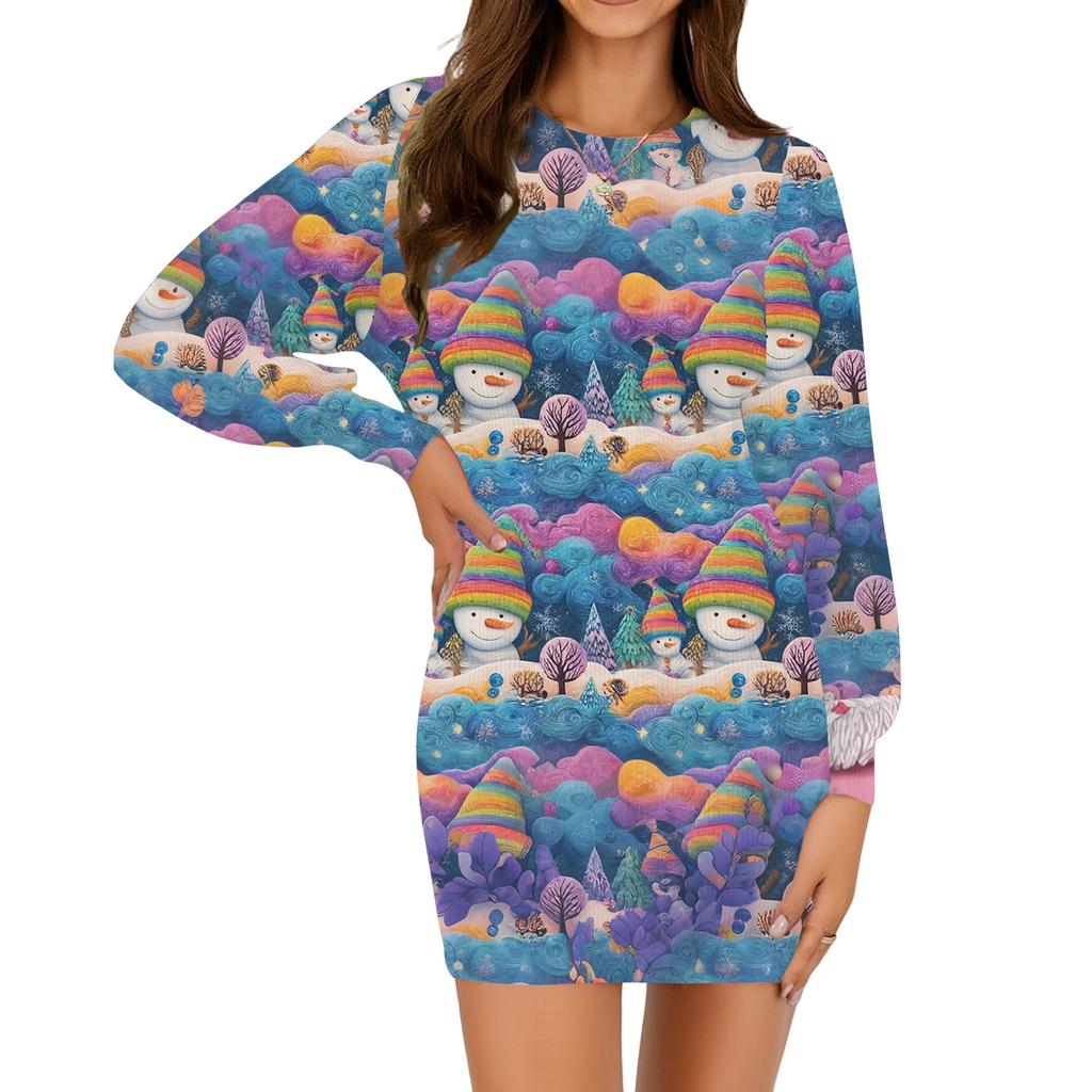 Rochie casual de modă pentru femei, cu imprimeu de Crăciun, cu gât rotund și mâneci lungi