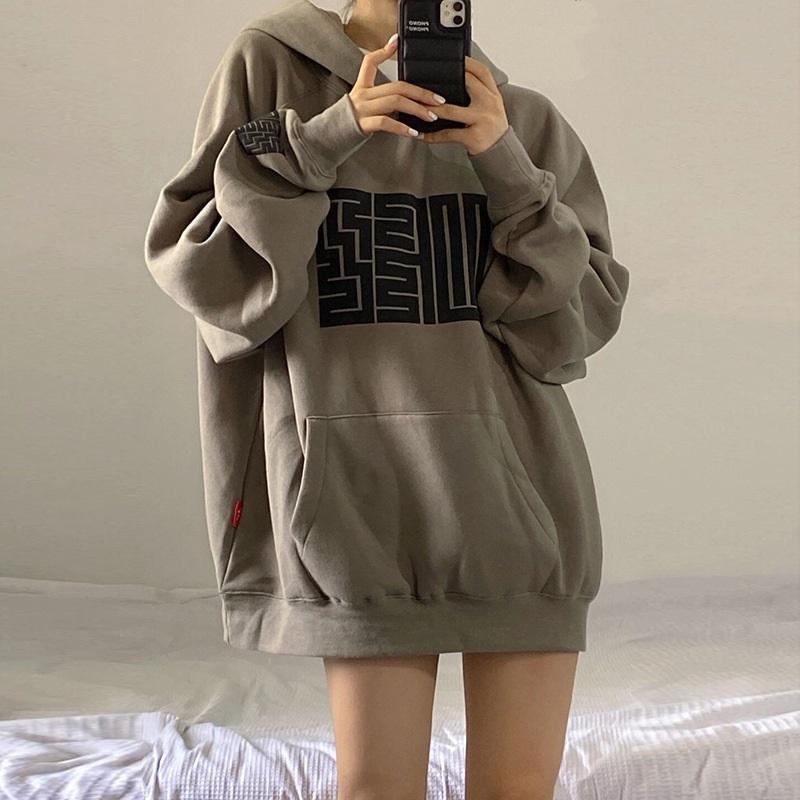 Vintage Fleece Hoodie Women's Oversized Baggy Pullover Sweatshirt With Graphic Print