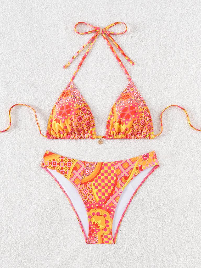 Damski strój kąpielowy z kwiecistą kokardką seksowna trójkątna torba wiązanie po bokach bikini z niską talią kostiumy kąpielowe kostiumy kąpielowe