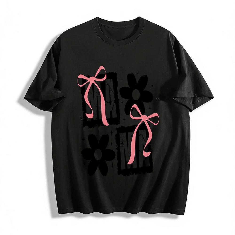 

Vintage MAMA Print Bow Flower Casual Short Sleeve Top Pure cotton T-shirt XXS